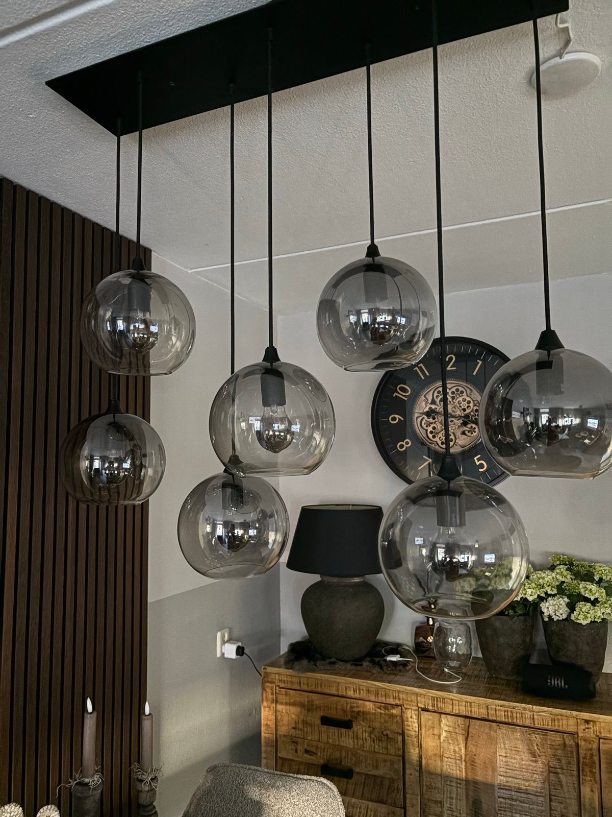 Hanglamp rookglas bol - 7 bollen, Ophalen, Gebruikt, Glas