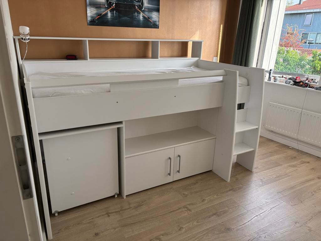Halfhoogslaper met bureau en opbergruimte - Wit, Ophalen, Gebruikt, Eenpersoons, 210 cm
