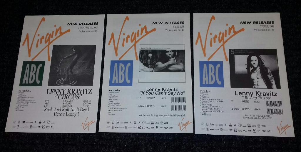 Lenny Kravitz PROMO FOLDERS Virgin Music set van 3, Verzamelen, Verzenden, Zo goed als nieuw, Boek, Tijdschrift of Artikel