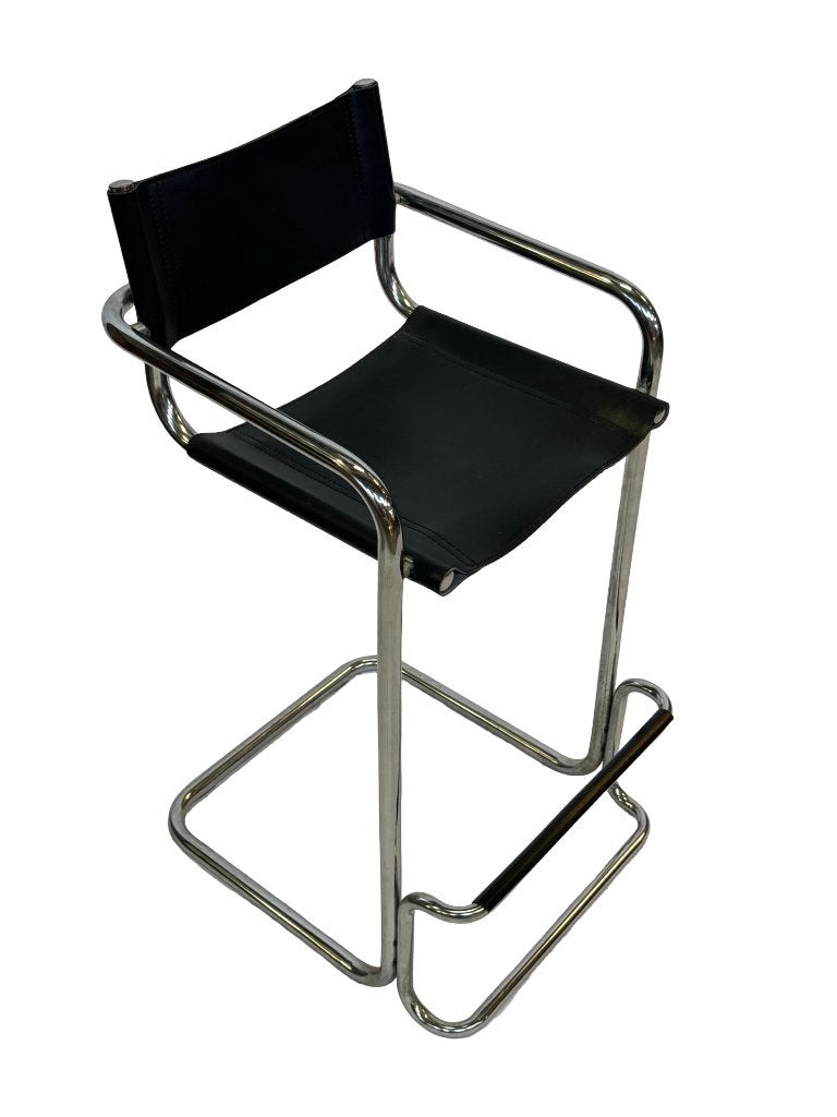Vintage zwarte leren en chromen Italiaanse moderne barkruk, Gebruikt, Vintage barkruk, Vintage barkruk, Kunststof
