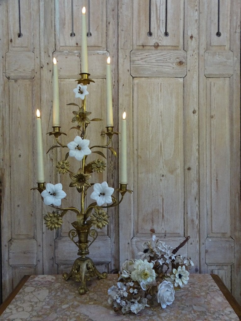 Franse kandelaar met opaline bloemen, Ophalen of Verzenden