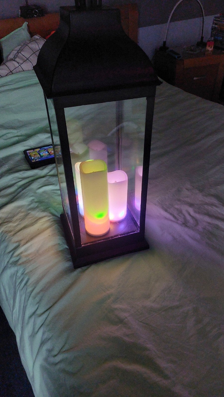 Lantaarn met gekleurde LED-kaarsen en dubbele voeding, Ophalen, Gebruikt