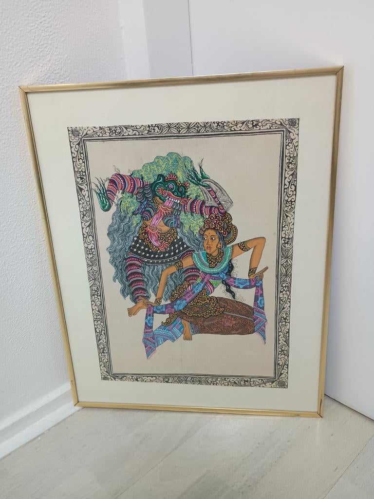 Indonesische Mythologie op textiel ingelijst glazen ruit, Ophalen of Verzenden