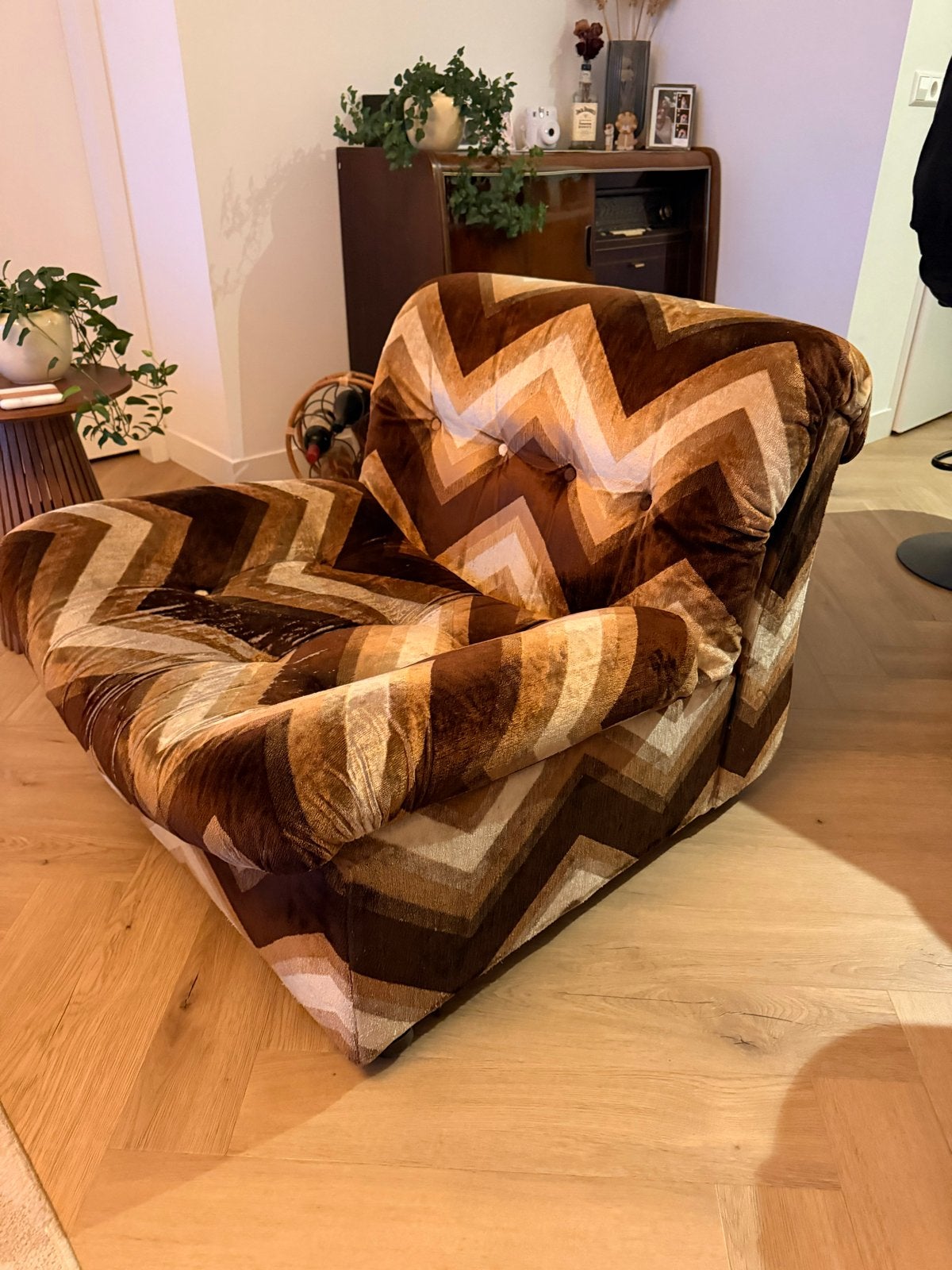 Vintage gestreepte lounge fauteuil, retro look, Ophalen, Gebruikt, Stof, 75 tot 100 cm