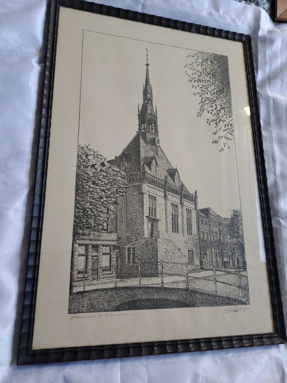Stadhuis Schoonhoven - Ets 62x42 cm, Ophalen, Ets, Stadsgezicht, Gesigneerd