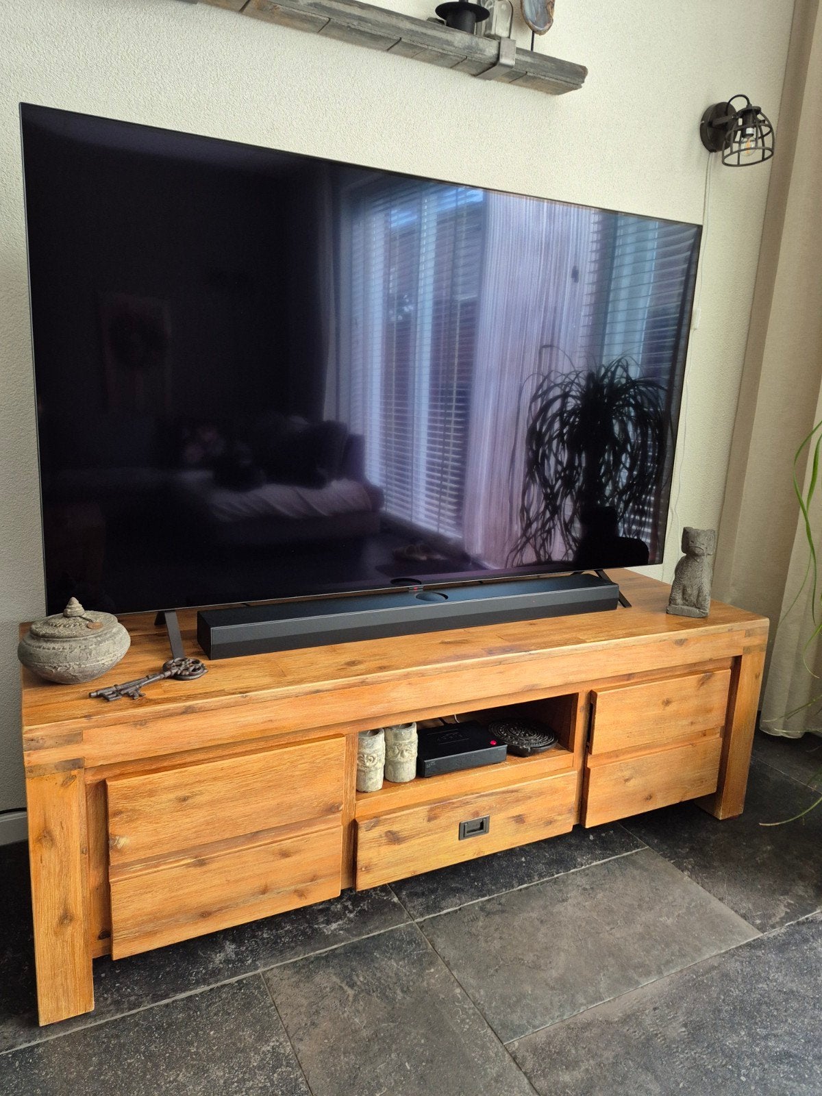 Massief teak houten tv-meubel, Ophalen, Gebruikt, 150 tot 200 cm, Teakhout