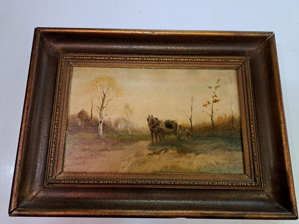 Klassiek schilderij paard met koets, Antiek en Kunst, Ophalen of Verzenden
