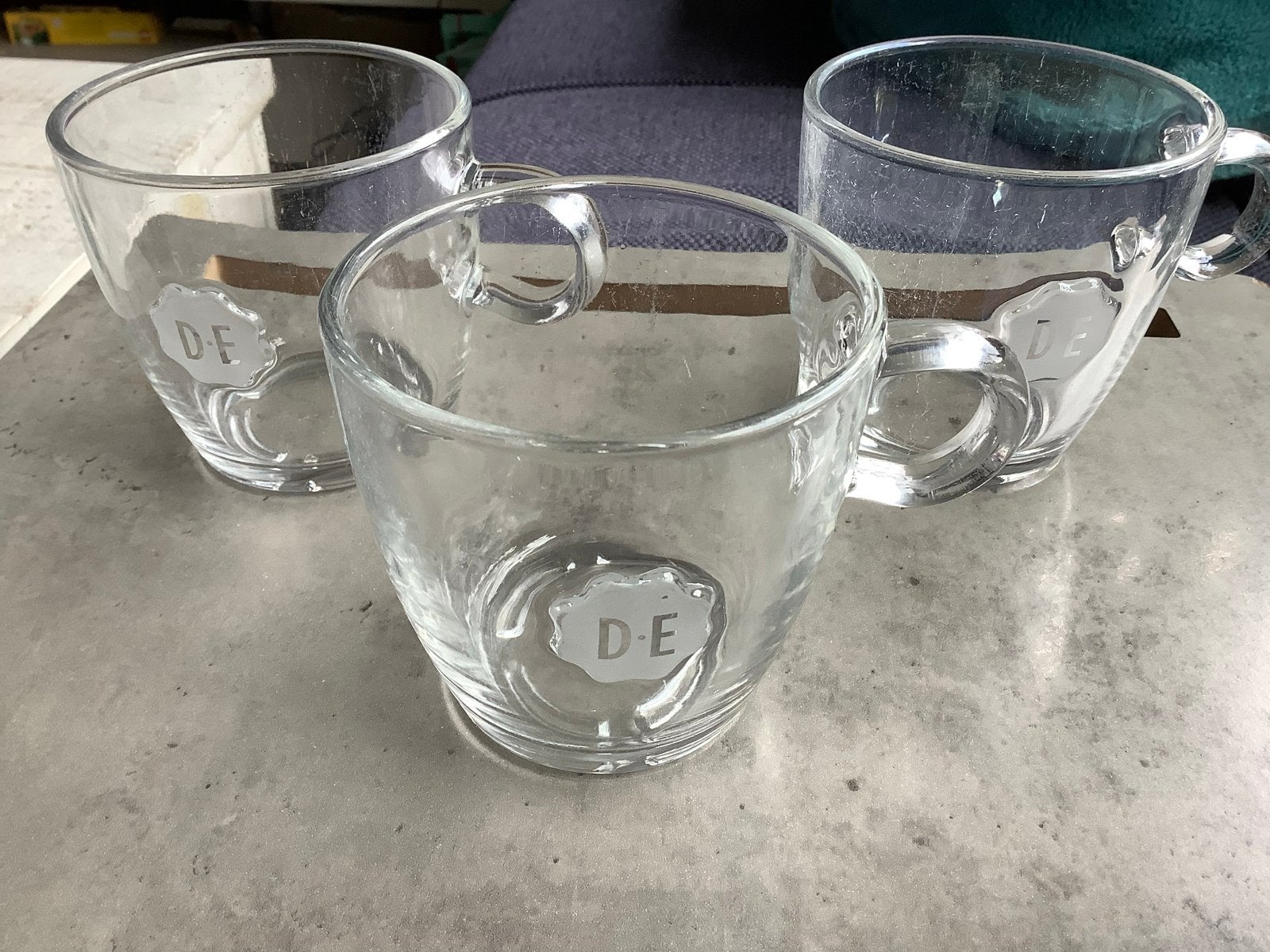 3 Douwe Egberts glazen mokken DE, Ophalen of Verzenden, Overige merken, Glas, Overige typen