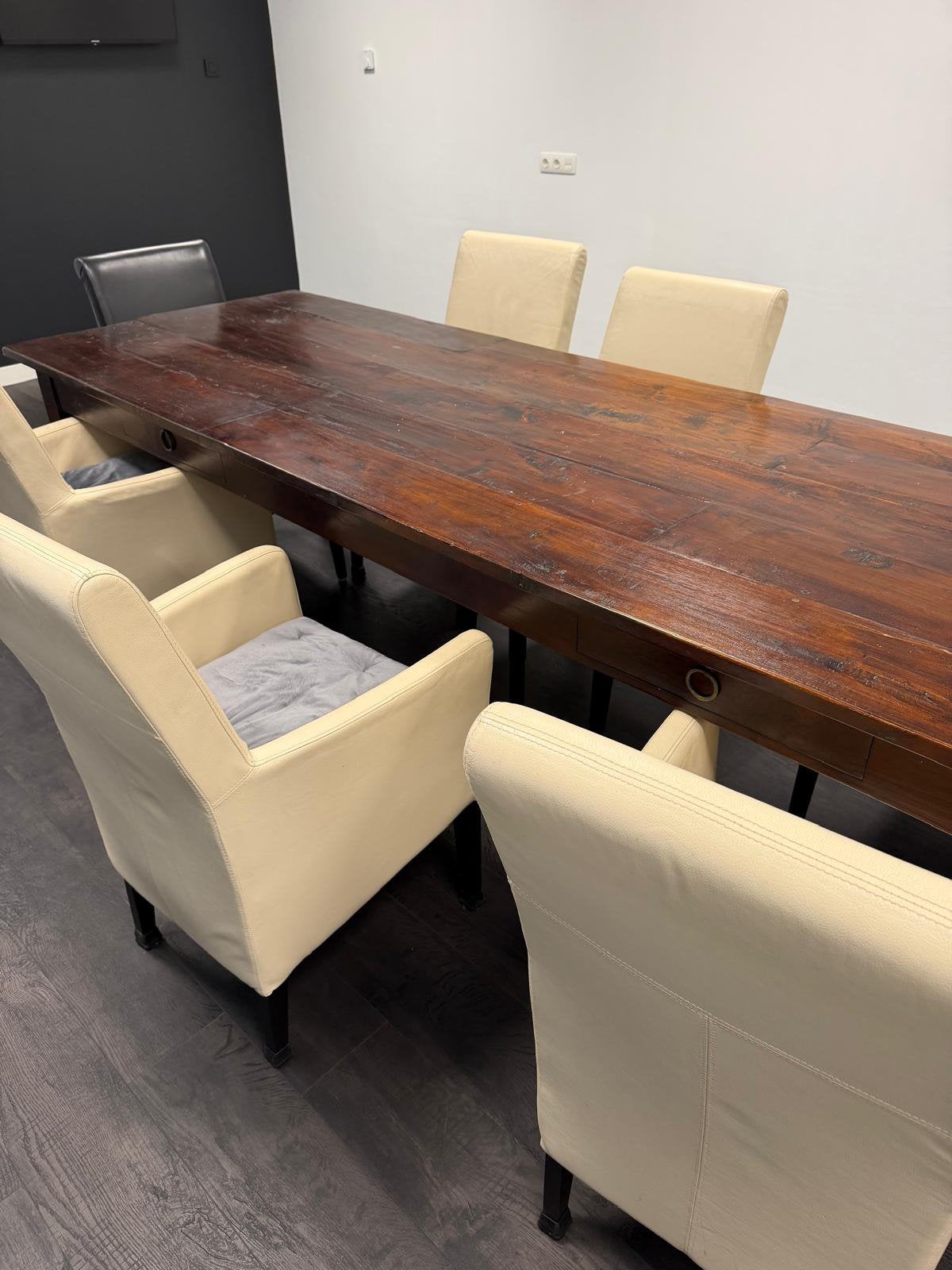 Tafel 300x99 inclusief 8 lederen stoelen, Huis en Inrichting, Tafels | Eettafels, Ophalen, Gebruikt, Teakhout, 200 cm of meer