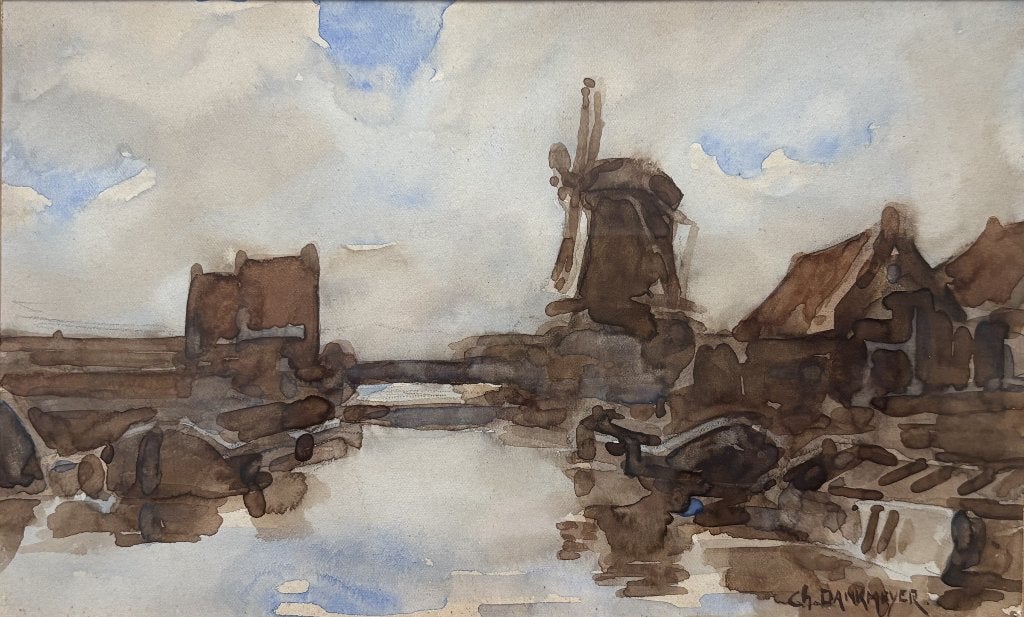 Charles Dankmeijer (1861-1923) - Poldervaart met molen, Ophalen of Verzenden, Schilderij, Aquarel, Handgemaakt