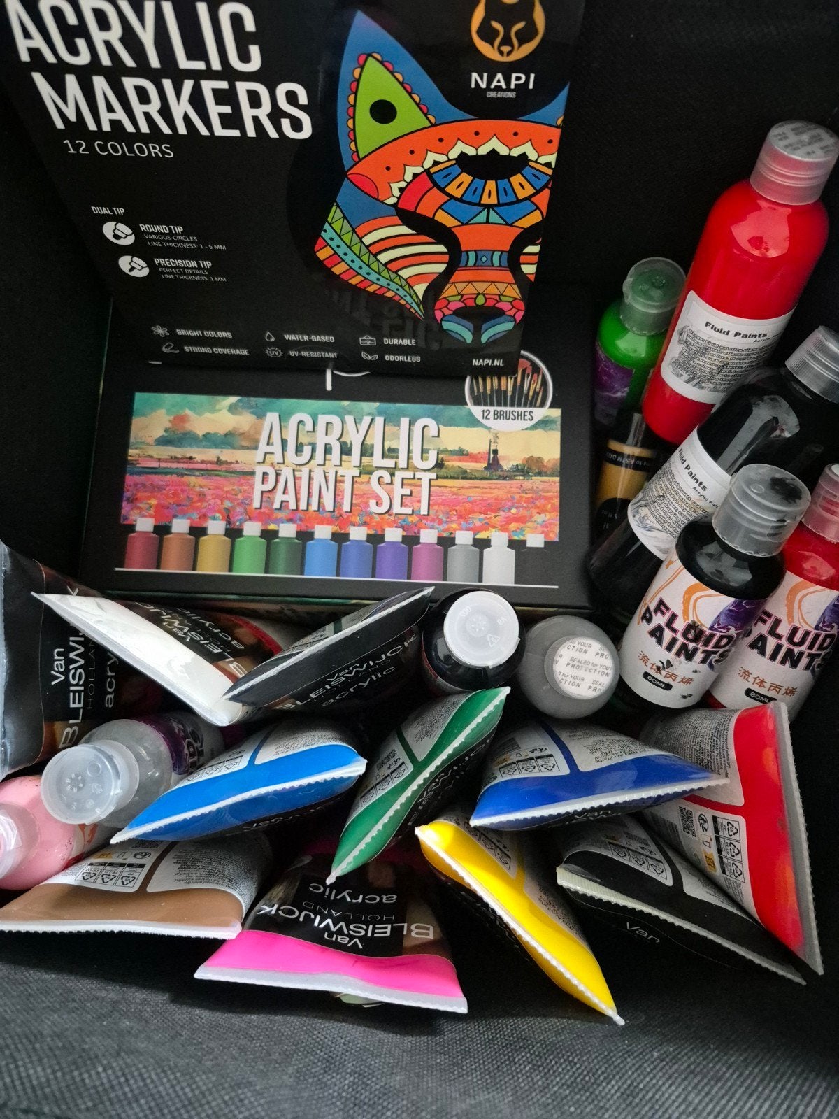 Grote set acrylverf, markers en toebehoren, Ophalen, Zo goed als nieuw, Acrylverf