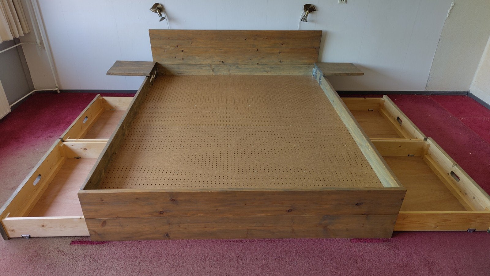 Houten tweepersoonsbed met opberglades (180x220), Ophalen, Gebruikt, Bruin, Rustiek