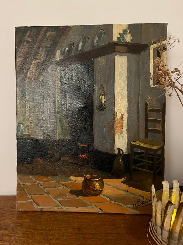 Warm schilderij boerenhuis van A. Eckhardt, Ophalen of Verzenden