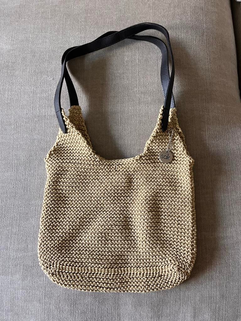 The Sak gebreide tas - beige met leren hengsels, Sieraden, Tassen en Uiterlijk, Ophalen of Verzenden, Nieuw, Beige, Handtas
