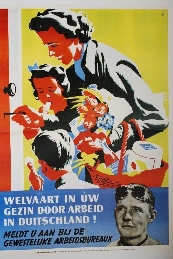 Werken in Duitsland - Herdruk poster Tweede Wereldoorlog, Verzamelen, Zo goed als nieuw, Verzenden, Amsterdam, Luchtmacht