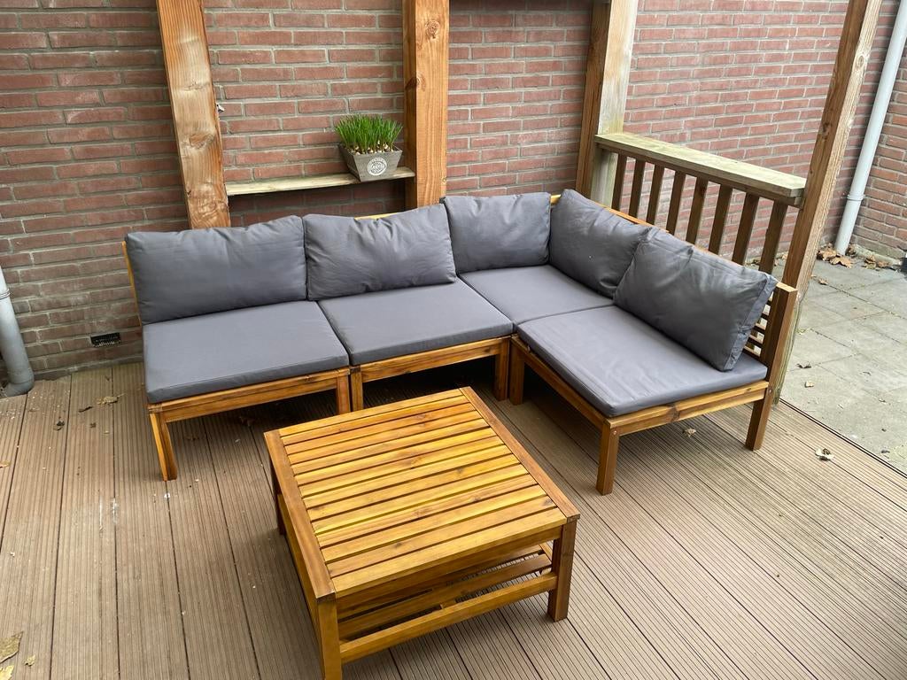 Nieuwe modulaire, houten loungeset met kussens en salontafel, Ophalen, 3 zitplaatsen, Nieuw, Loungeset