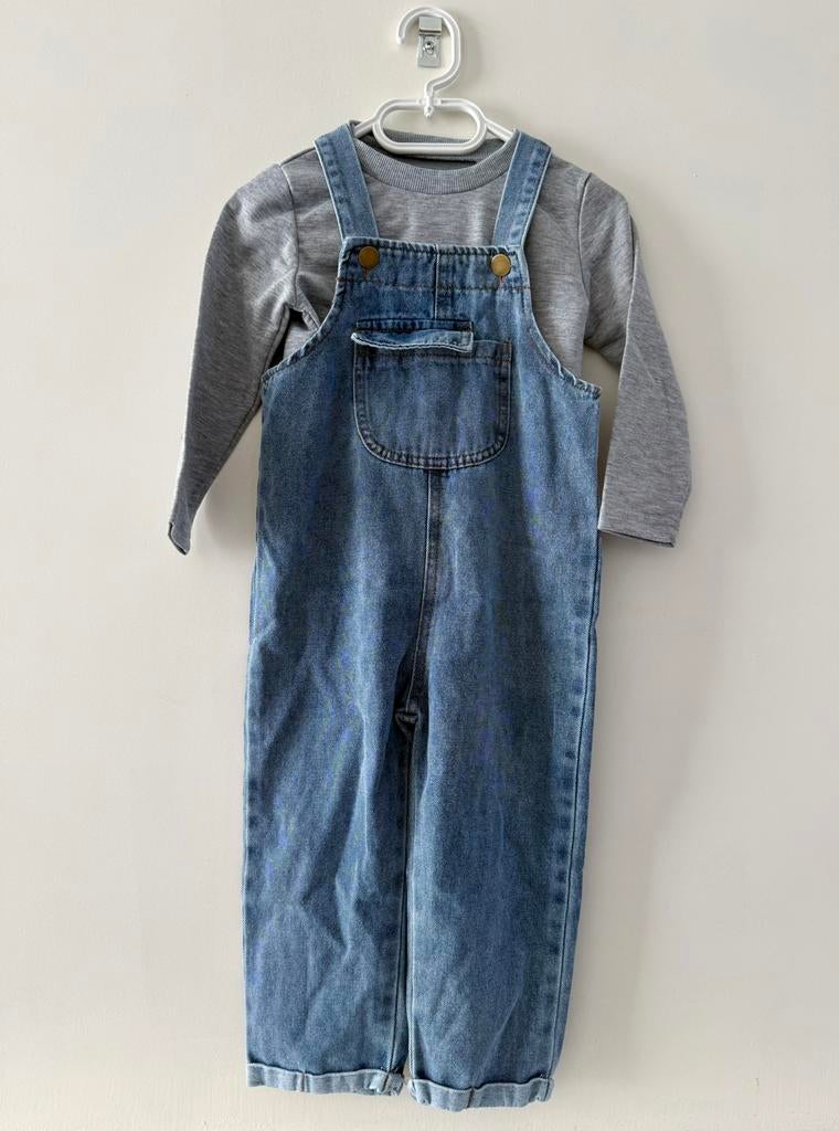 Tuinbroek spijkerstof denim salopette longsleeve grijs 92/98, Kinderen en Baby's, Kinderkleding | Maat 98, Ophalen of Verzenden