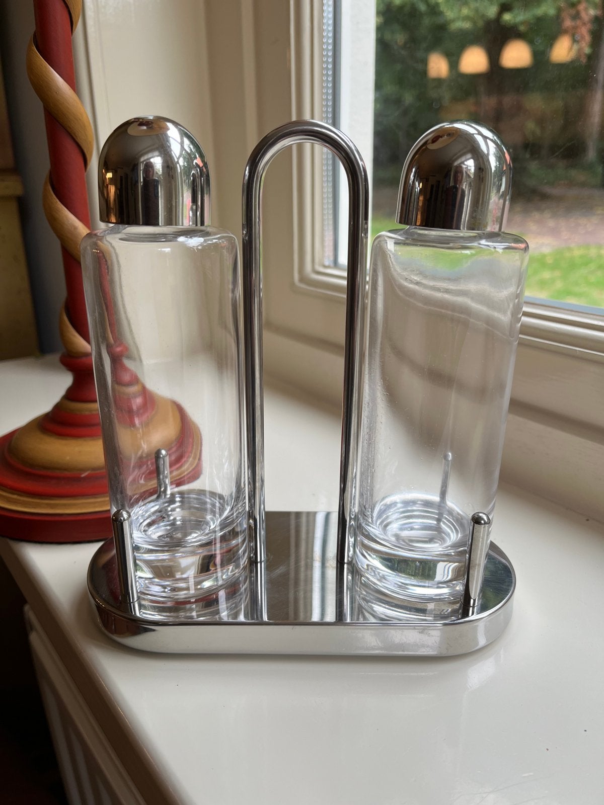 Alessi olie en azijnstel rvs glas designer Ettore Sottsass, Ophalen of Verzenden, Alessi, Meerkleurig, Overige materialen