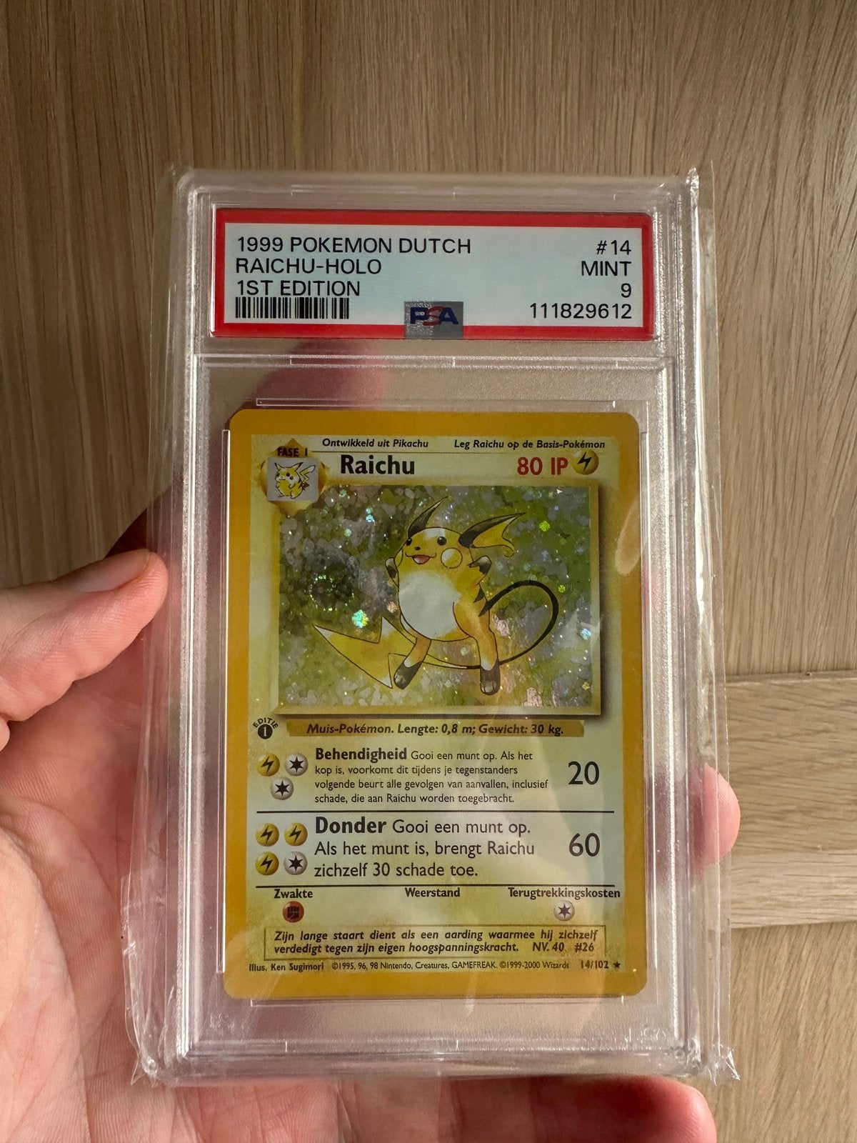 Raichu holo 1st edition PSA 9 - base set dutch 1999, Ophalen of Verzenden, Zo goed als nieuw