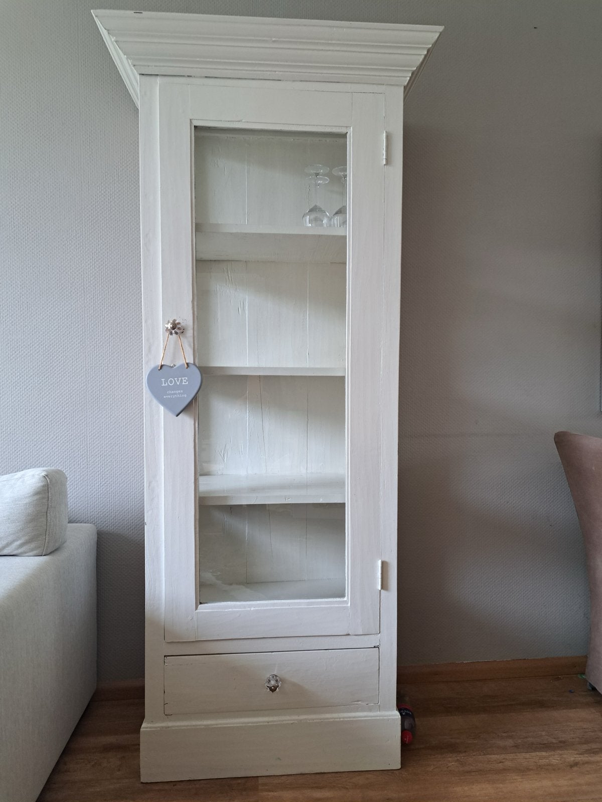 Witte vitrinekast met lade en glazen deur, Ophalen, Gebruikt, 50 tot 100 cm, Met lade(s)