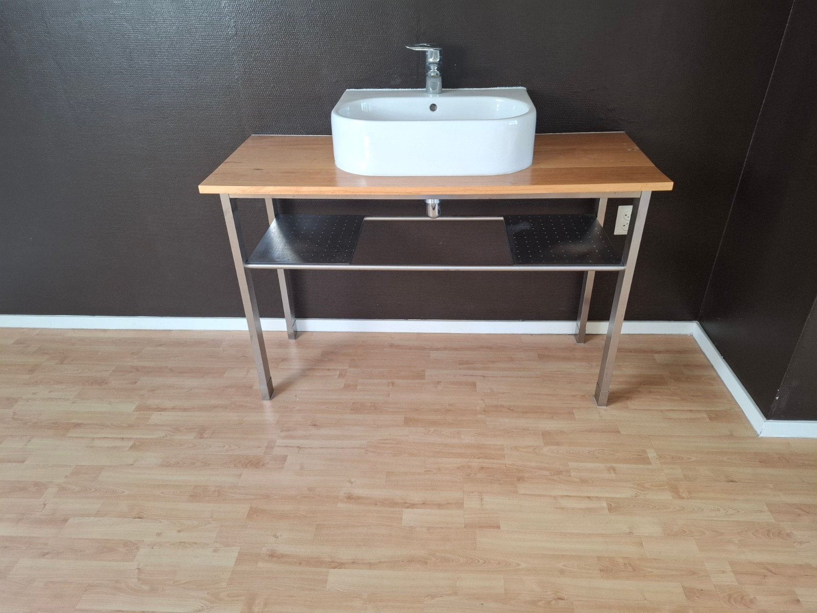Wastafel met houten blad en metalen onderstel, Ophalen, Gebruikt, 100 tot 150 cm, Minder dan 100 cm