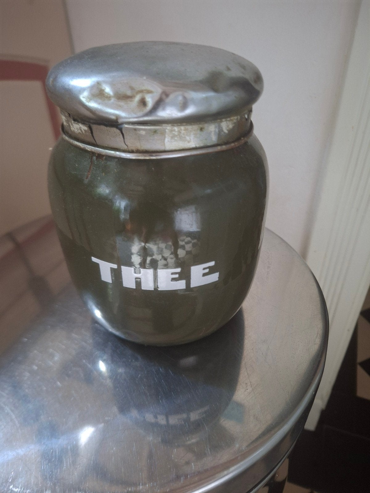 Vintage Thee Blik - Groen met Zilverkleurig Deksel, Ophalen of Verzenden