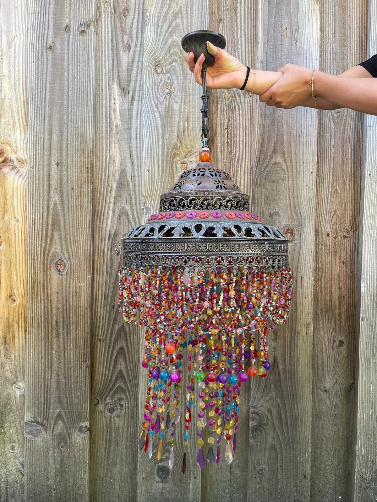 Oosterse hanglamp met kleurrijke kralen, Ophalen, Gebruikt, Metaal, Overige fittingen