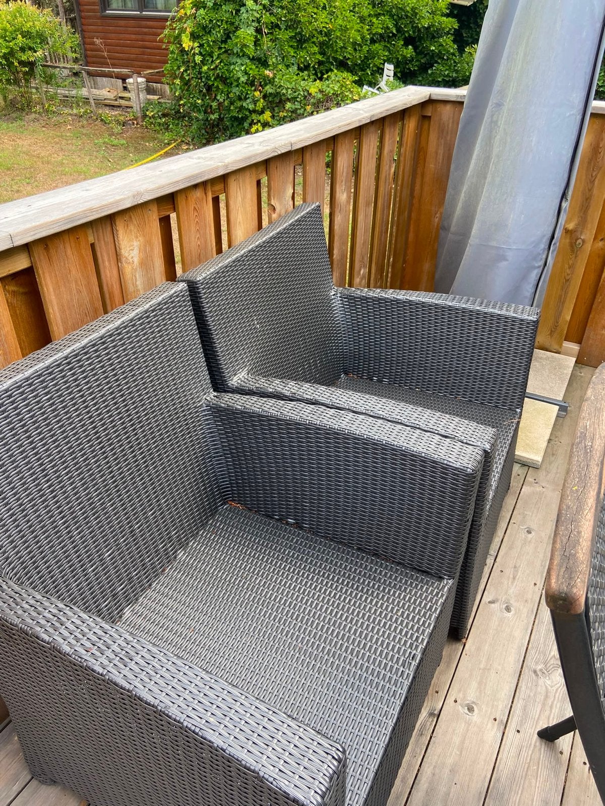 2 heerlijke lounge stoeltjes met grijze kussens, Tuin en Terras, Tuinsets en Loungesets, Gebruikt, Loungeset, Wicker, Stoel