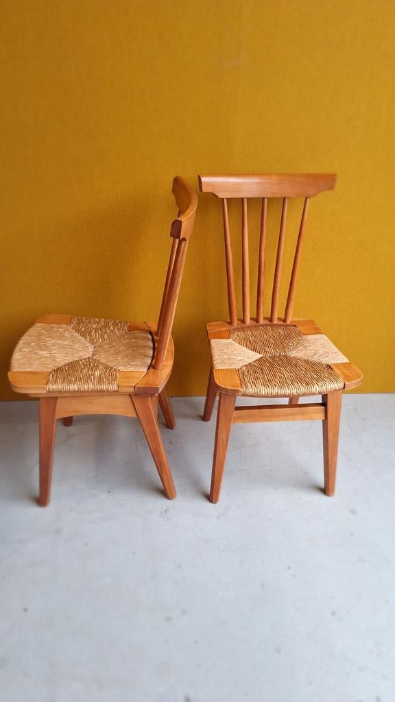 Vintage stoelen, Arts and Crafts style, biezen zitting, Huis en Inrichting, Gebruikt, Twee, Bruin, Vintage