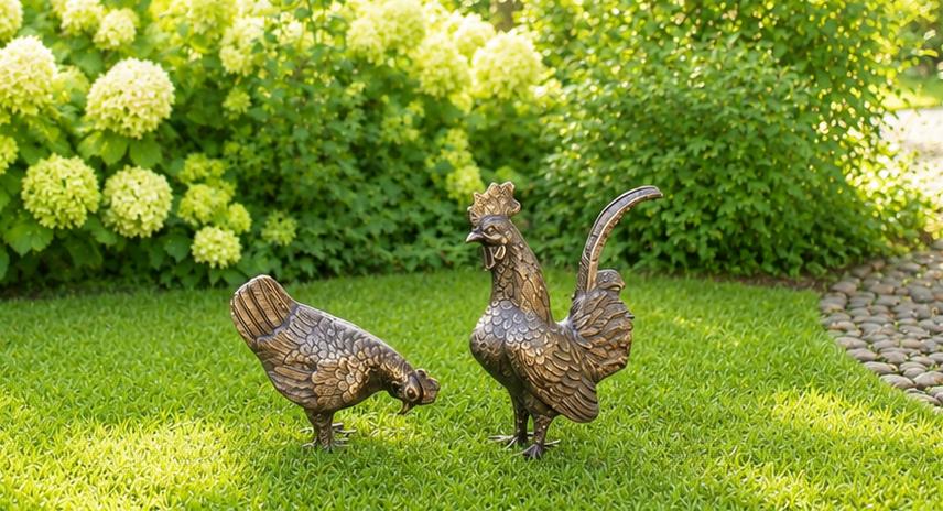 HAAN MET HEN / brons / tuinbeeld/ kippen