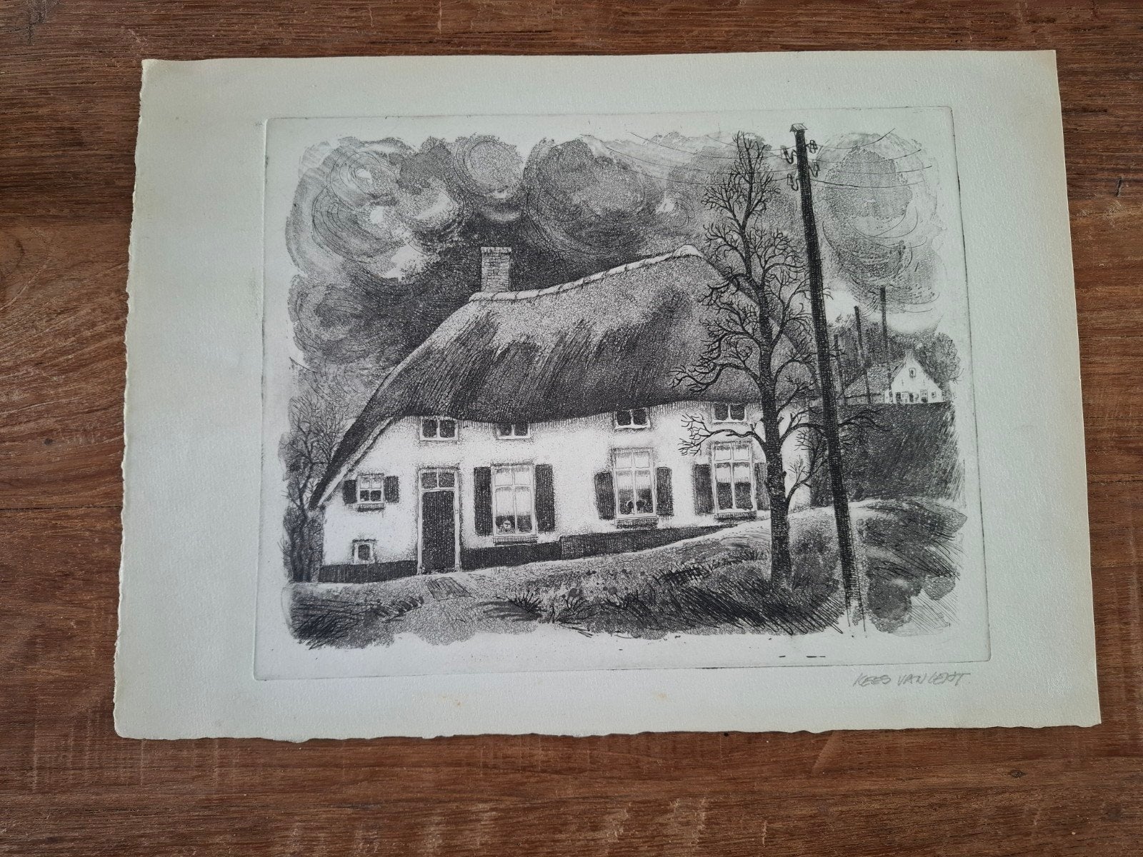Tekening nostalgische boerderij - Kees van Lent, Ophalen of Verzenden, Tekening, Origineel