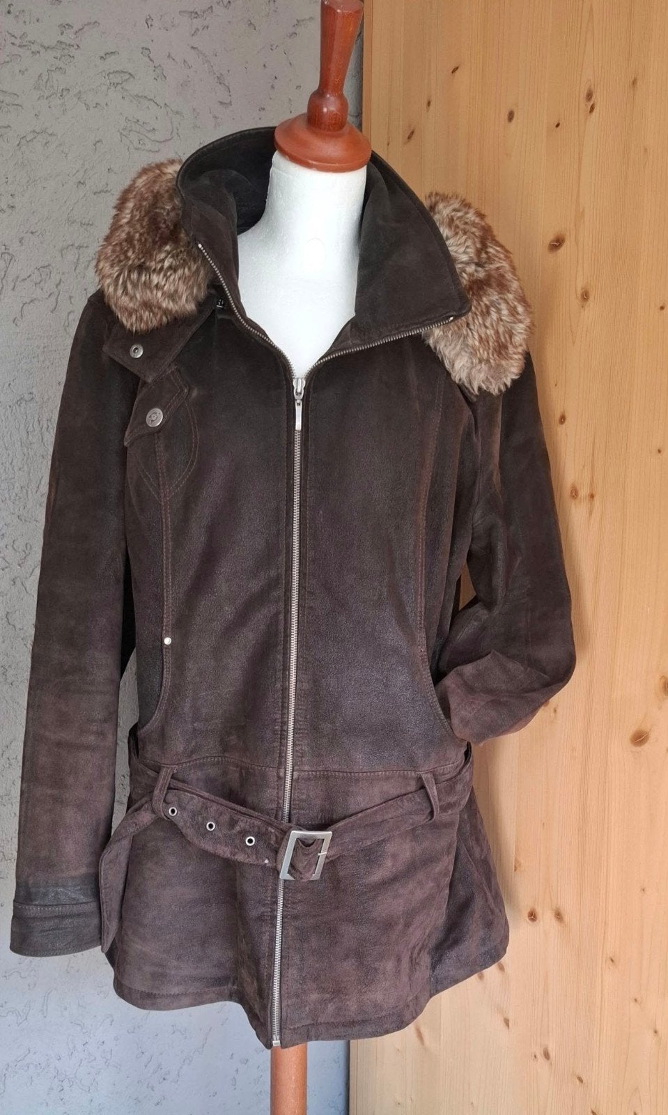 DONNA leer nubuck jas maat 46 met afneembare capuchon, Bruin, Maat 46/48 (XL) of groter, DONNA, Ophalen of Verzenden