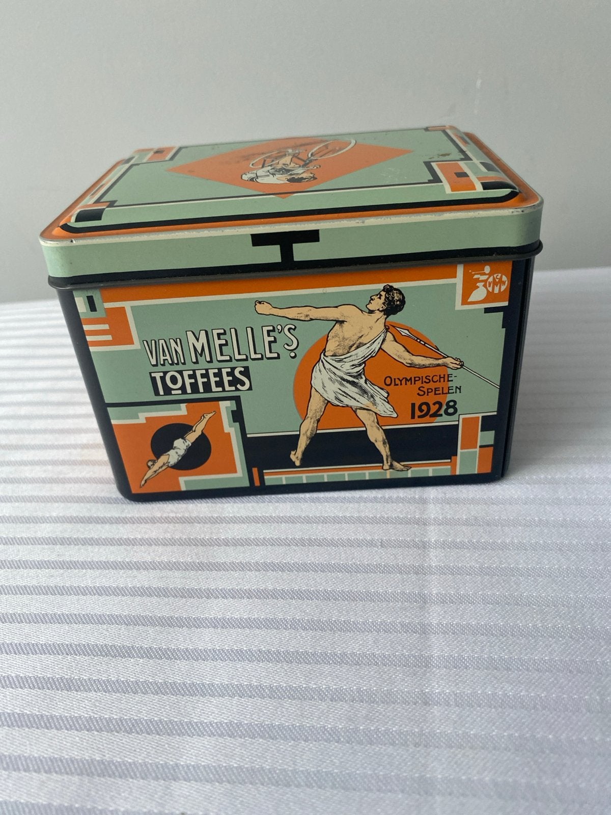 Vintage Van Melle's Toffees blik Olympische Spelen 1928, Verzamelen, Ophalen of Verzenden, Gebruikt, Overige, Van Nelle
