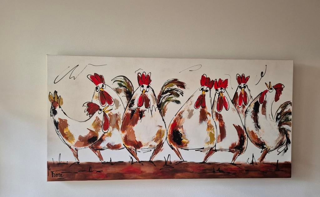 Vrolijke kippen schilderij op Canvas, Huis en Inrichting, Woonaccessoires | Schilderijen, Tekeningen en Foto's, Ophalen, Zo goed als nieuw