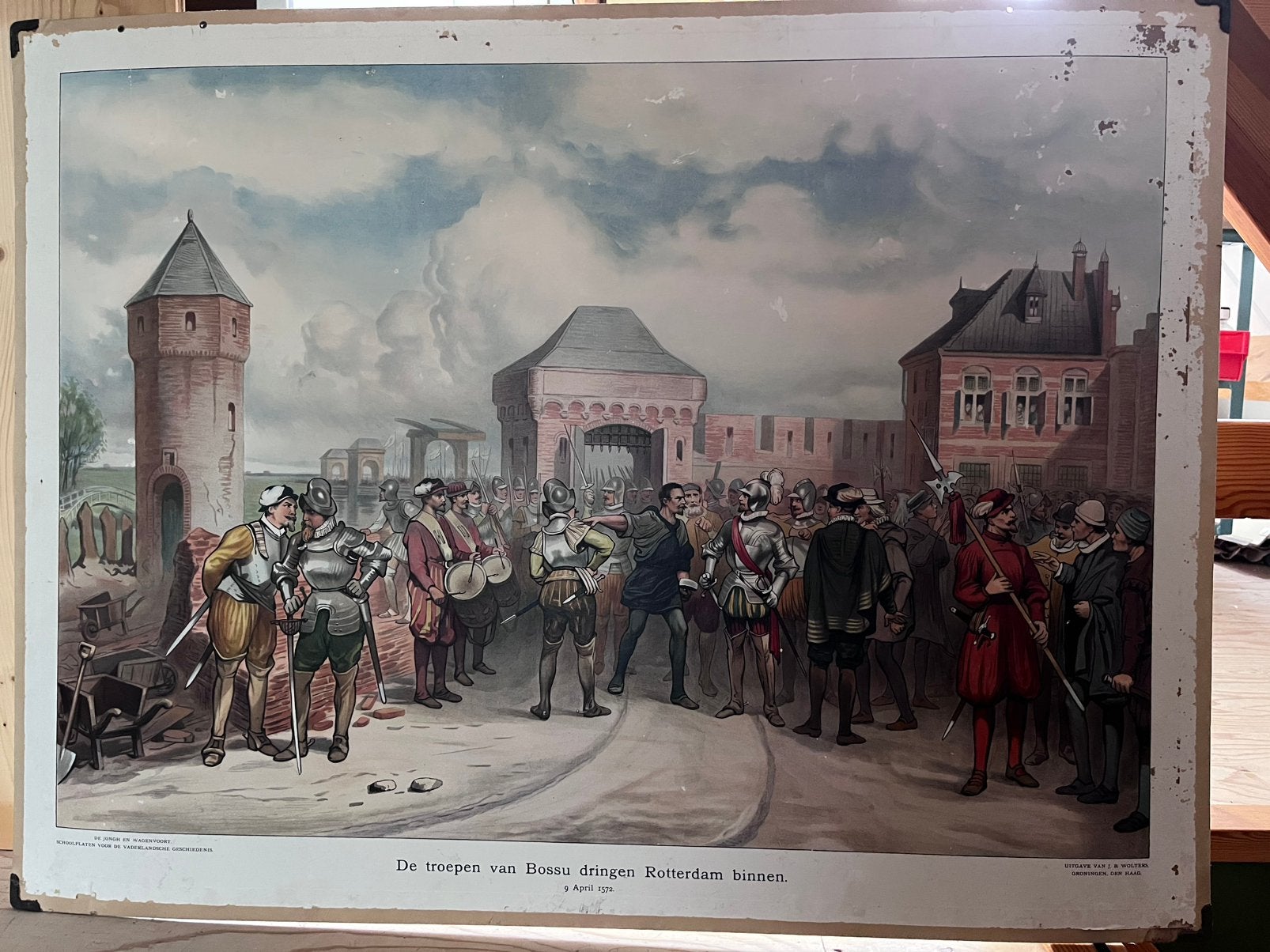 Schoolplaat “De troepen van Bossu dringen Rotterdam binnen”, Ophalen, Oud hollands, Overige ondergronden, Tekening
