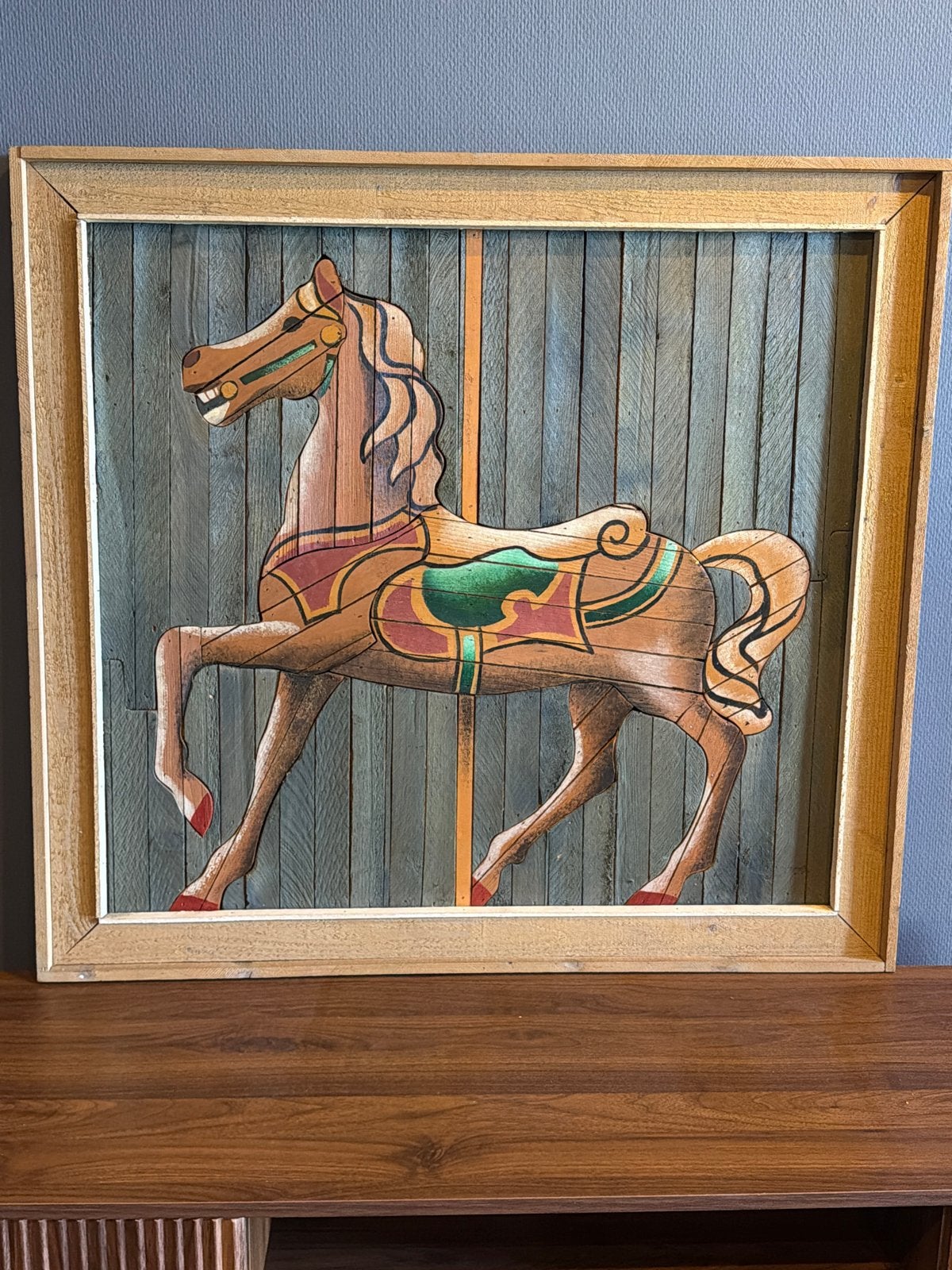 Vintage Carrousel Paard Houten Wanddecoratie - Lath Art Aust, Antiek en Kunst, Ophalen, Overige ondergronden, Dieren, Handgeschilderd
