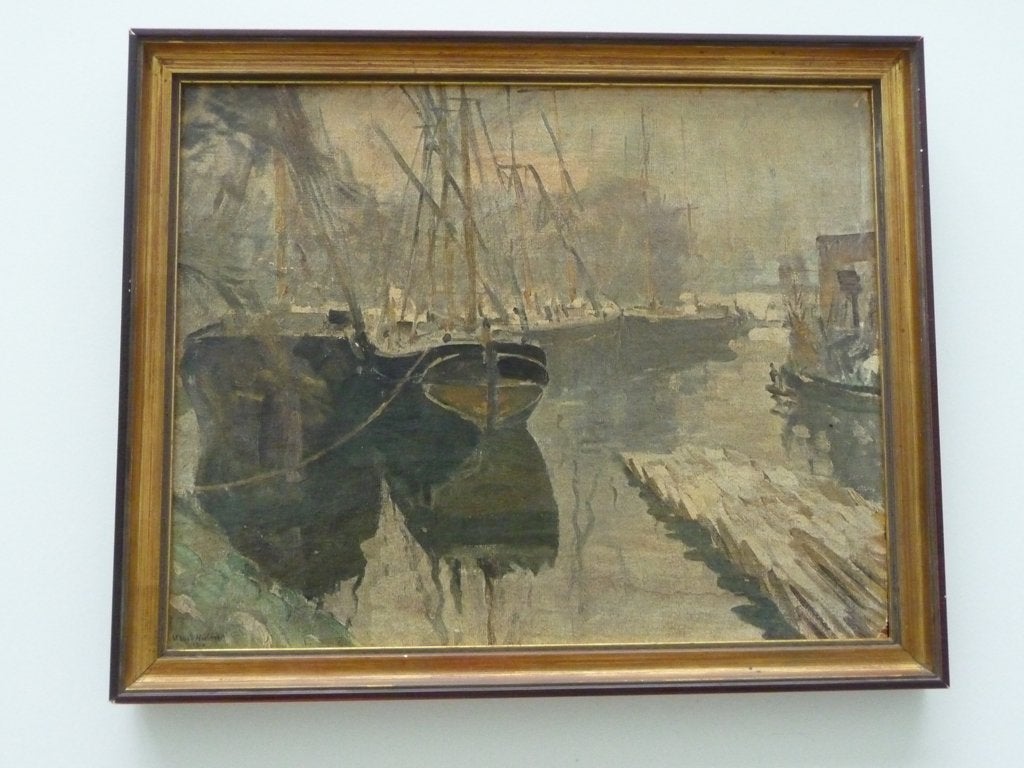 schilderijtje - BOTEN IN HAVEN - afm. 26,5X32cm, Ophalen of Verzenden, Ingelijst, Paneel