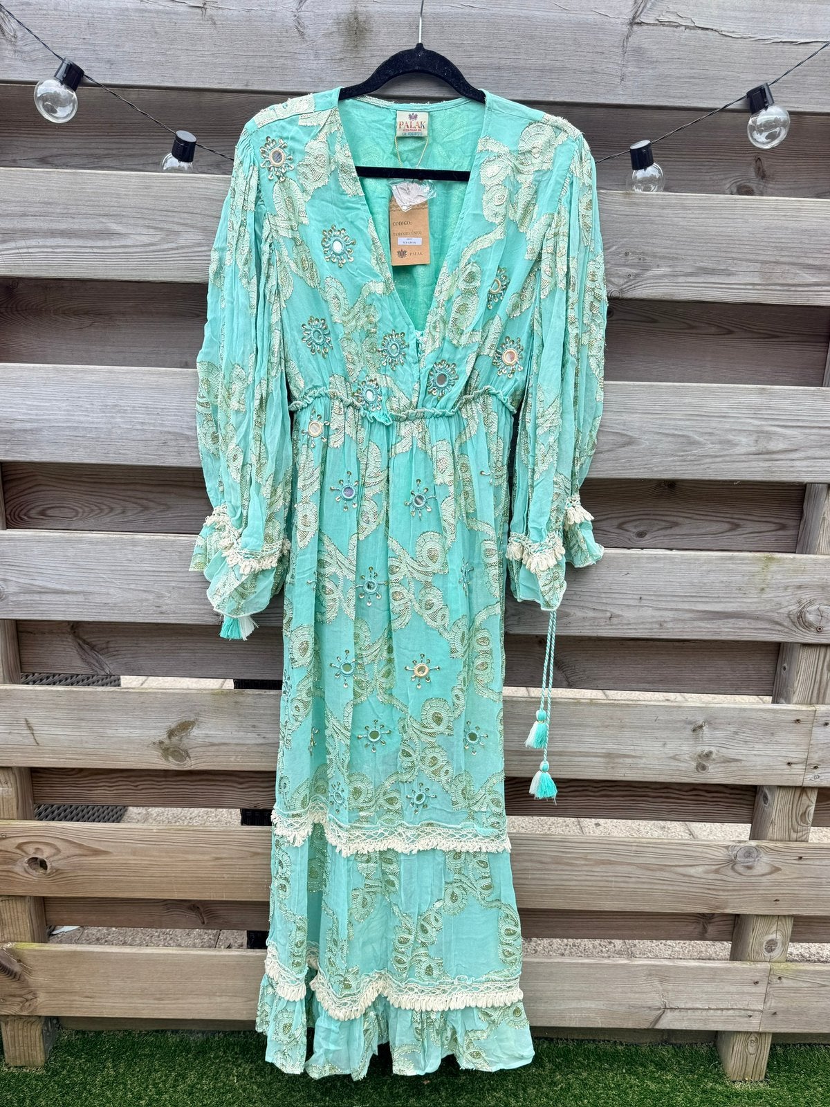 Palak | Lange jurk mintgroen en goud | One size, Kleding | Dames, Jurken, Verzenden, Nieuw, Groen, Onder de knie