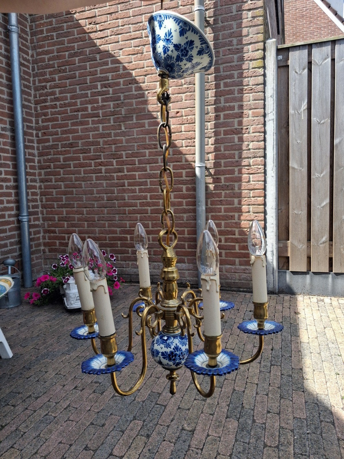 Delfts Blauw Kroonluchter - Vintage Stijl, Gebruikt, Metaal, Vintage, Klassiek, Delfts Blauw, E14 (klein)