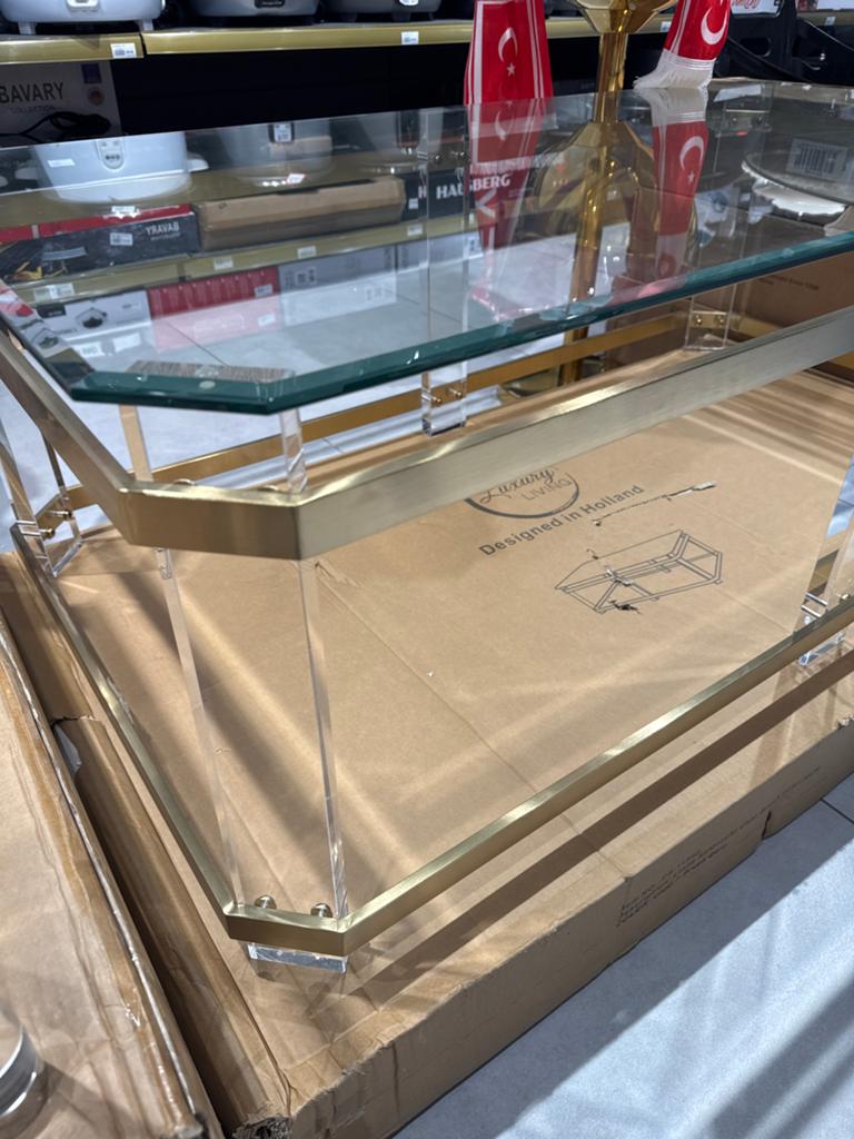 Gouden Bijzettafel met Acryl Glasplaat - 130x70x45cm, Ophalen, 100 tot 150 cm, Nieuw, 50 tot 100 cm