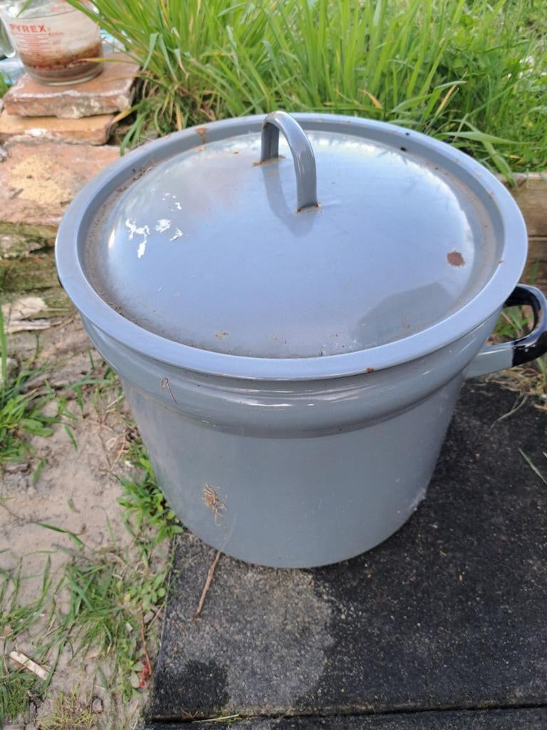 Grijze geëmailleerde wasketel met deksel, Antiek en Kunst, Ophalen of Verzenden