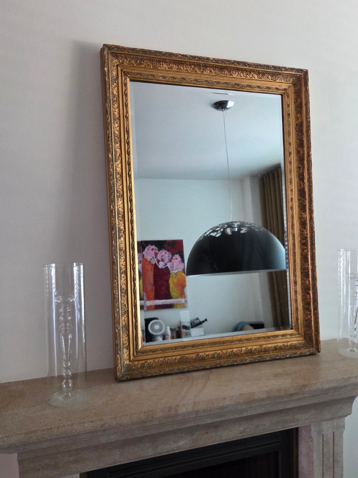 Antieke ogende spiegel met gouden lijst, Ophalen, Rechthoekig, 75 tot 100 cm, 100 tot 150 cm