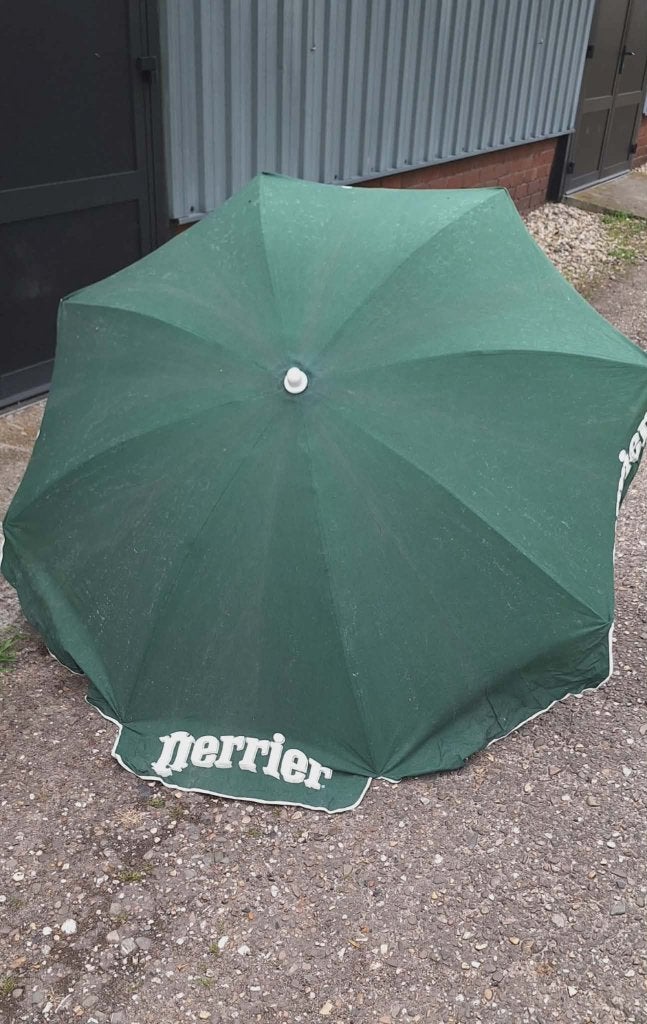 Vrolijke vintage reclame parasol, parasols, div. soorten🌞, Tuin en Terras, Parasols, Gebruikt, ., Ophalen of Verzenden, 1 tot 2 meter