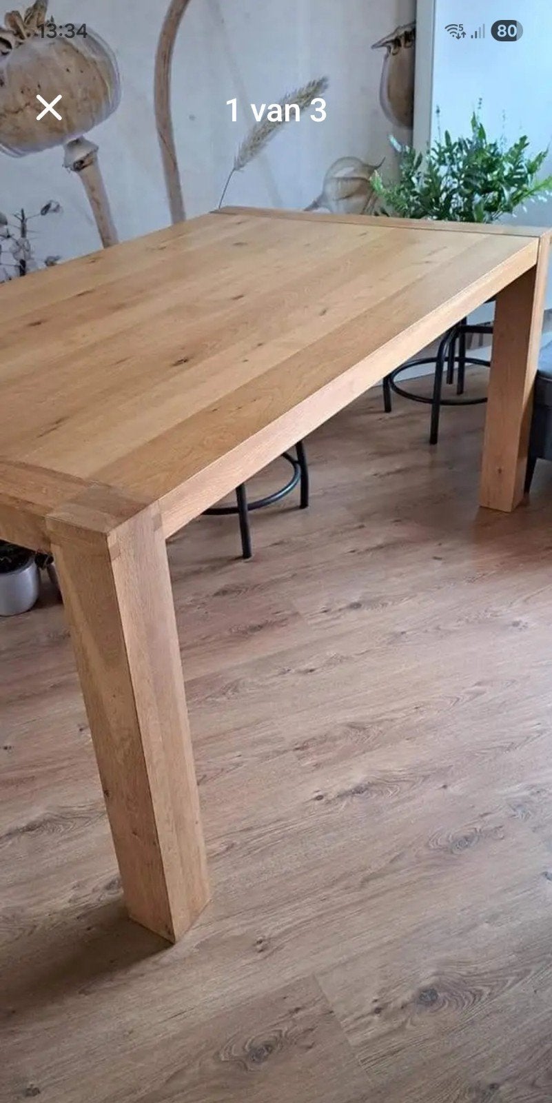Massief eiken eettafel 1.70 x 1.00 m naturel look, Ophalen, Rechthoekig, Eikenhout