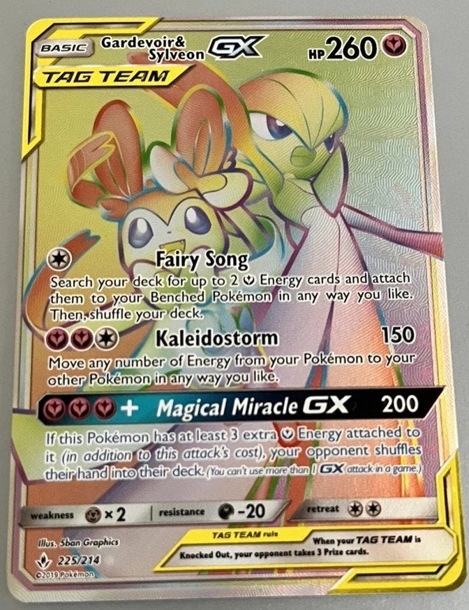 Pokemon - gardevoir & sylveon gx 225/214 (unbroken bonds), Ophalen of Verzenden, Zo goed als nieuw, Losse kaart, Foil