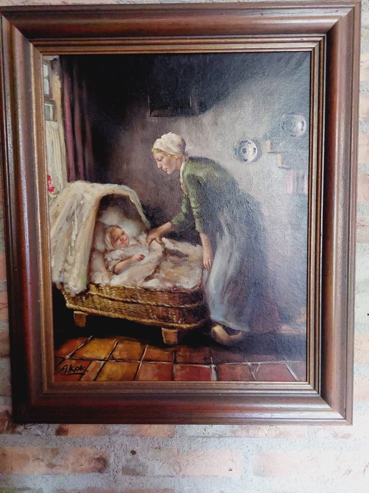 Klassiek schilderij: Moeder en kind bij wieg, gesigneerd, Doek, Portret of Personen, Ophalen of Verzenden, Gesigneerd