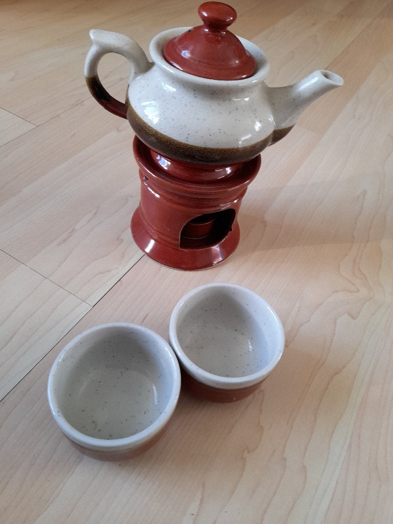 NIEUW BRUINE WAXINELICHT HOUDER MET 2 KOMMEN EN THEEPOT, Ophalen of Verzenden, Nieuw, Steen/keramiek