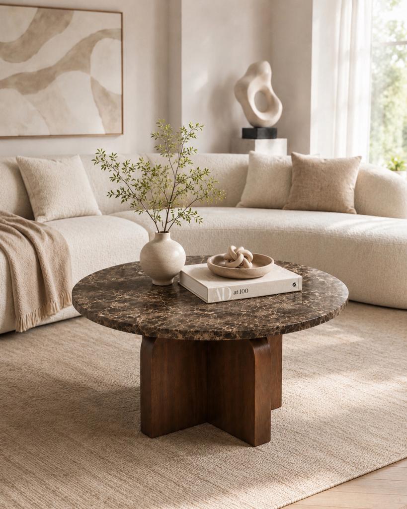 Luxe salontafel Ø75 cm Dark Emperador marmer& walnoot poot, 50 tot 100 cm, Rond, Nieuw, Minder dan 50 cm