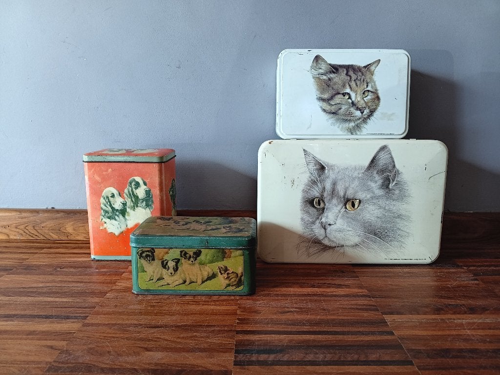 Set van 4 oude blikken "dogs & cats", Verzamelen, Blikken, Gebruikt, Overige, Overige merken, Ophalen of Verzenden