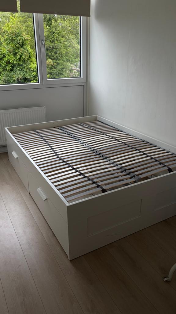 Ikea wit tweepersoons bed met lades en lattenbodem, Ophalen, Gebruikt, Wit, Tweepersoons